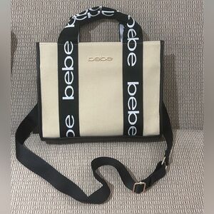 Bebe Hana Small Beige & Black Canvas Crossbody Tote